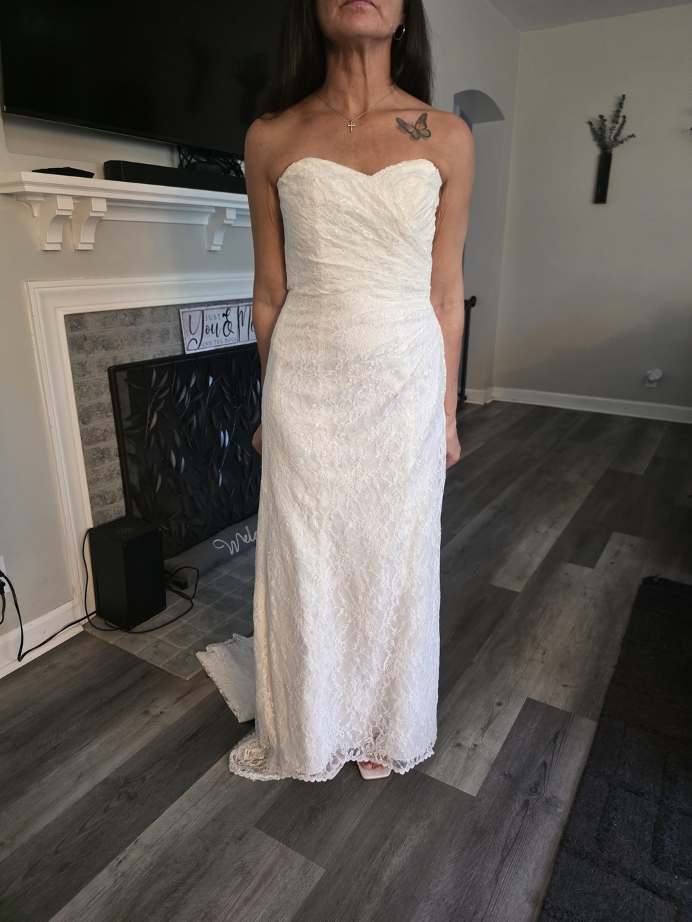 David's Bridal Strapless Lace Column Dress in White